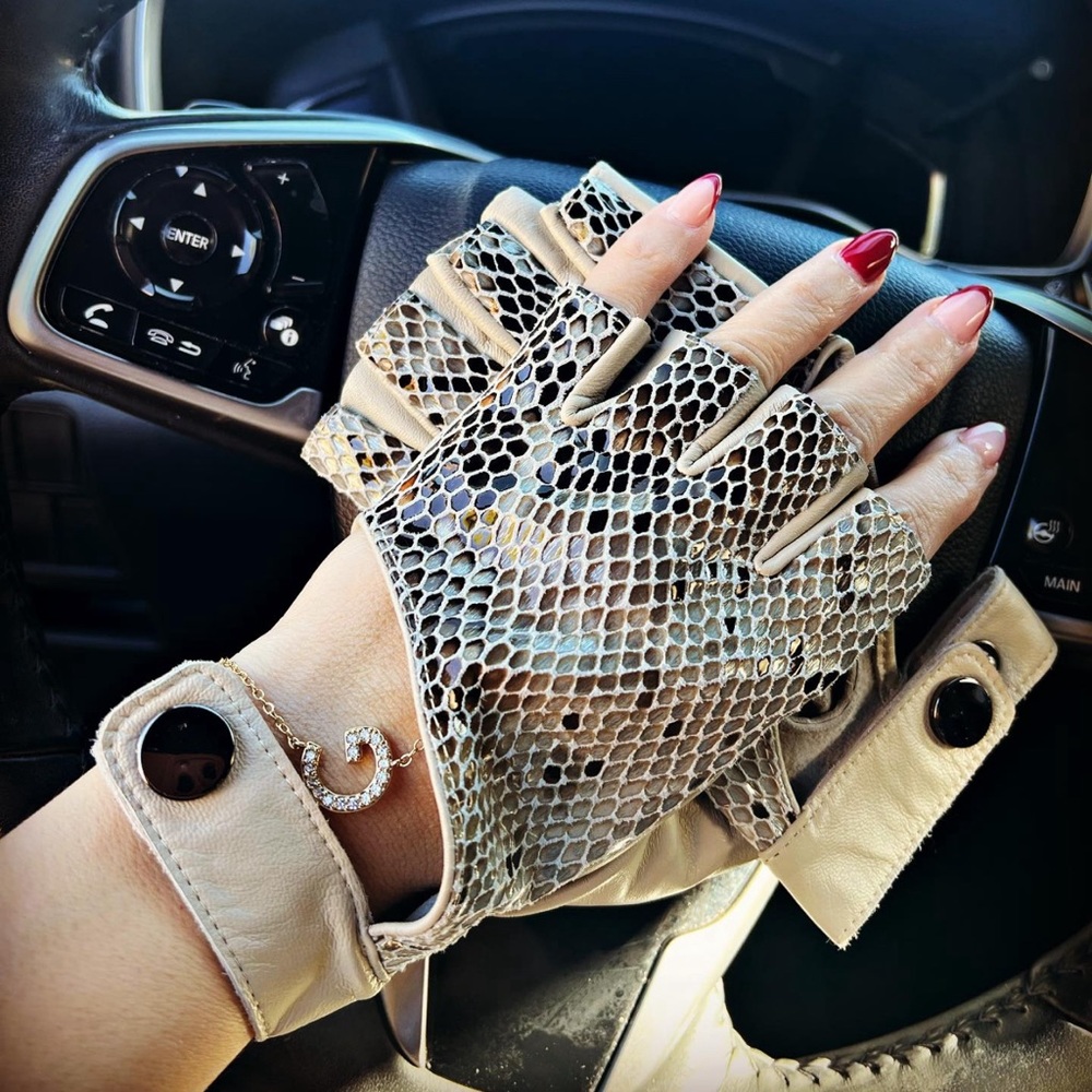 Genuine, leather fingerless, gloves